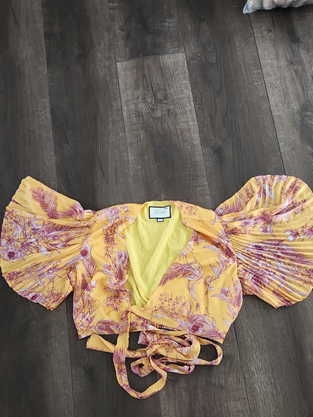 Alexis Rylie Wrap Satin Crop Top Pleated Flutter Short Sleeves Yellow Floral L